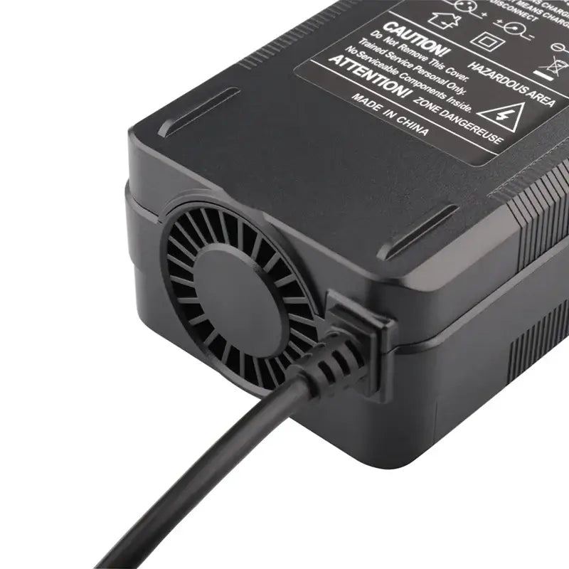 67.2V 2.15A Smart Lithium Battery Charger for 16S 60V Li-ion Packs close-up view with fan and connector.