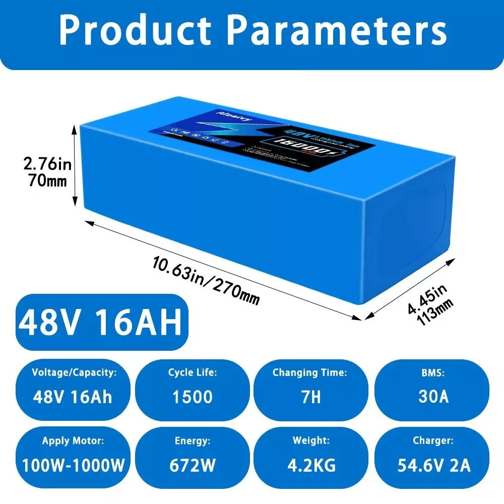 16000mAh Li-ion ebike battery side view showing discharge connector
