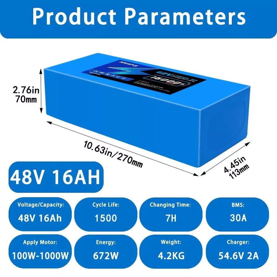 16000mAh Li-ion ebike battery side view showing discharge connector