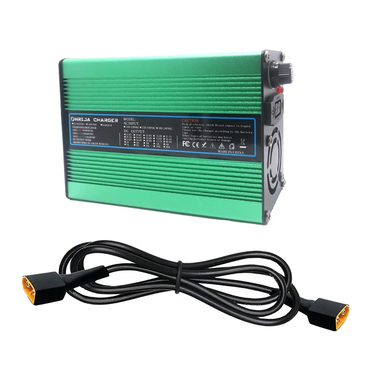 OHRIJA 18.25V 10A Quick Charger for 5S 16V LiFePO4 Battery - Aluminum Shell with green aluminum casing and charging cable.