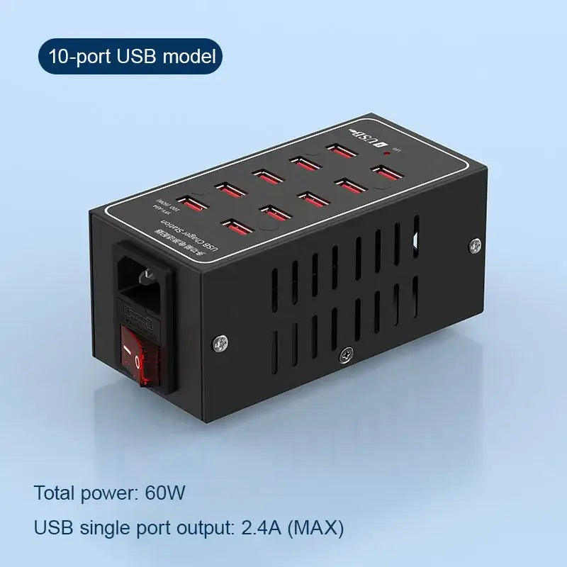 Multi-Port USB Desktop Station - 10/20/30/40/50/60 Port High Wattage Smart Charger with 10-port USB model.