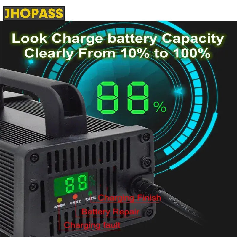 84V Li-ion Smart Charger with HD LCD Display Adjustable 5A-18A for 20S Battery showing real-time charging status.