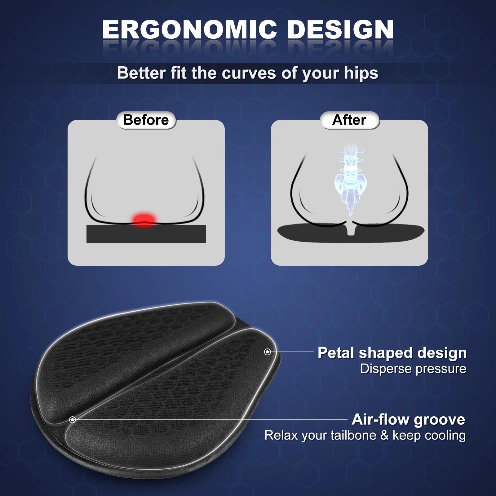   Motorcycle TPE Seat Cushion with Anti-UV Cover – Large 3D Honeycomb Structure Pressure Relief Seat Pad for Long Rides