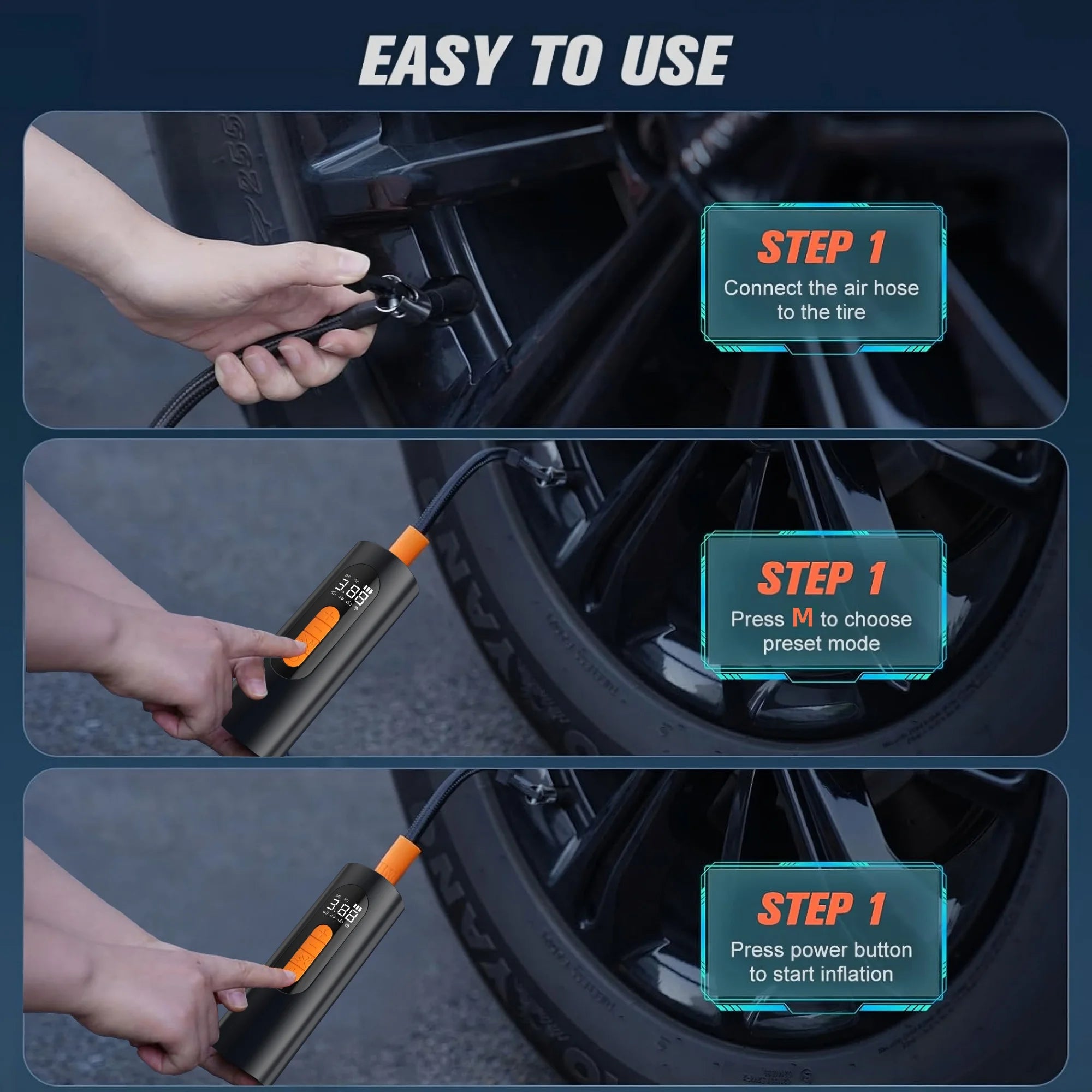   Portable Tire Inflator 150PSI - Wireless Air Pump Mini Air Compressor for Motorcycle, Car, and Bicycle