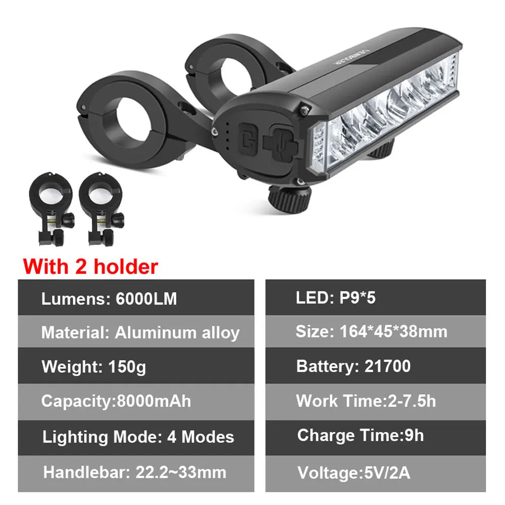   NEWBOLER 10000mAh Front Bicycle Light - 6000 Lumen Waterproof USB Rechargeable MTB Lamp