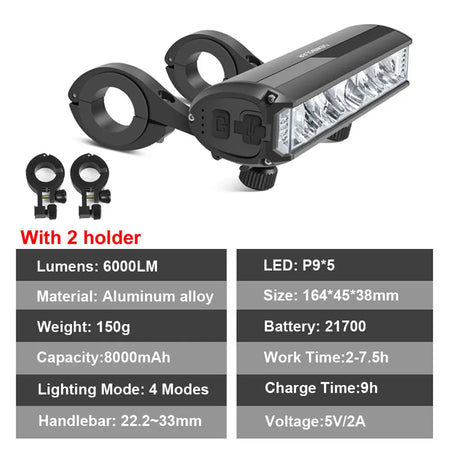   NEWBOLER 10000mAh Front Bicycle Light - 6000 Lumen Waterproof USB Rechargeable MTB Lamp