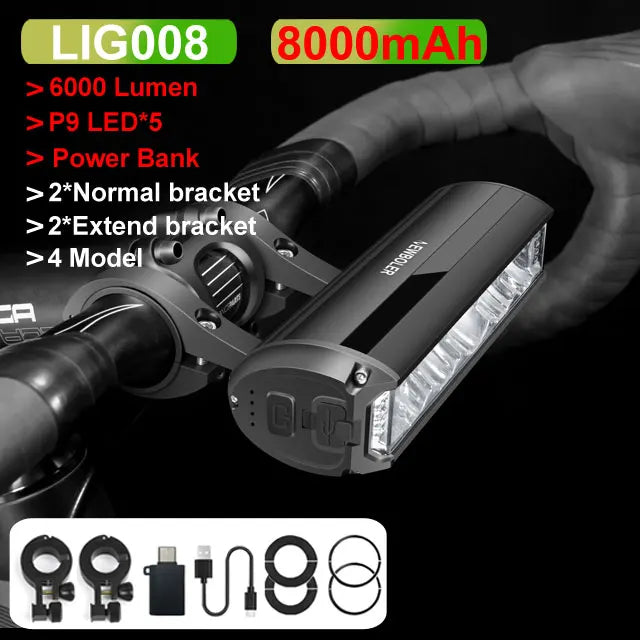   NEWBOLER 10000mAh Front Bicycle Light - 6000 Lumen Waterproof USB Rechargeable MTB Lamp
