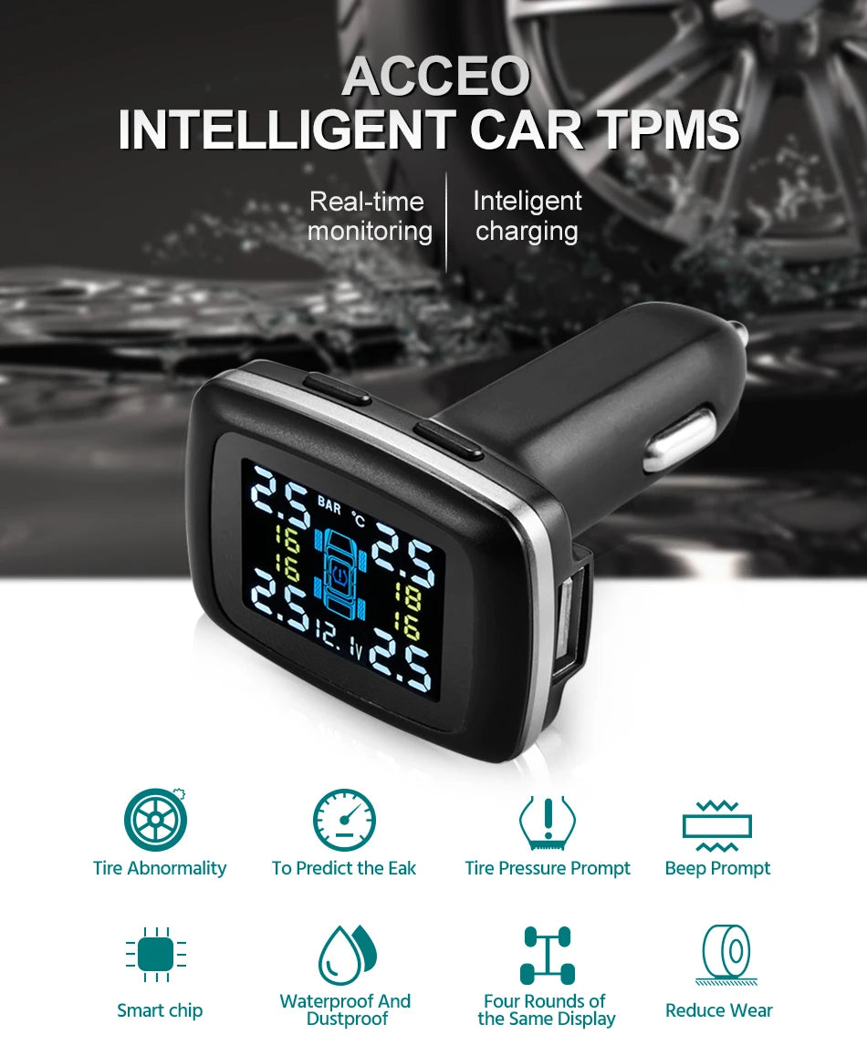   ACCEO Smart Cigarette Lighter USB TPMS Car Tire Pressure Alarm Monitor System with 4 Sensors