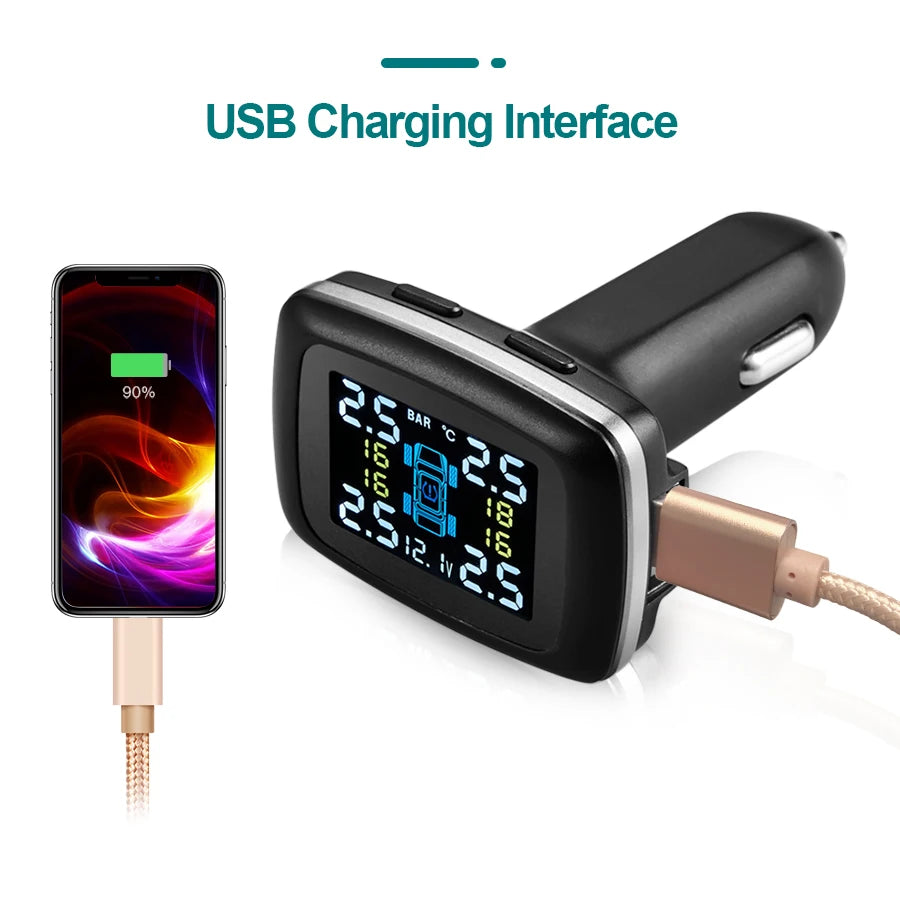  ACCEO Smart Cigarette Lighter USB TPMS Car Tire Pressure Alarm Monitor System with 4 Sensors