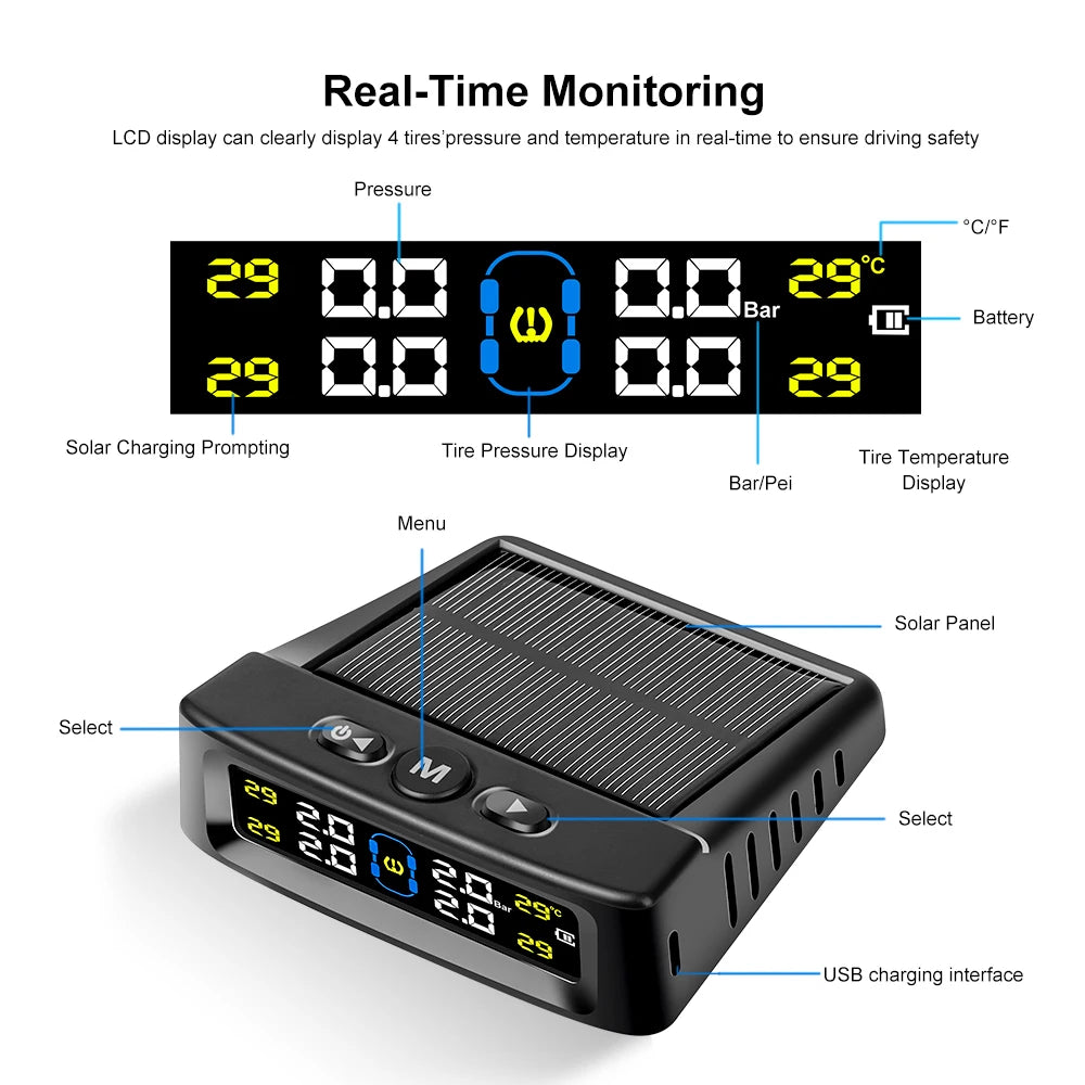   Intelligent TPMS Solar Tyre Pressure Monitoring System Parking Sensors for Cars