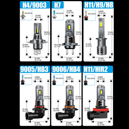   1:1 Halogen H7 LED Headlight Bulbs - 55W H11 9005 9006 H4