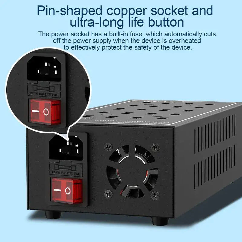 Pin-shaped copper socket and ultra-long life button on Multi-Port USB Desktop Station - 10/20/30/40/50/60 Port High Wattage Smart Charger.