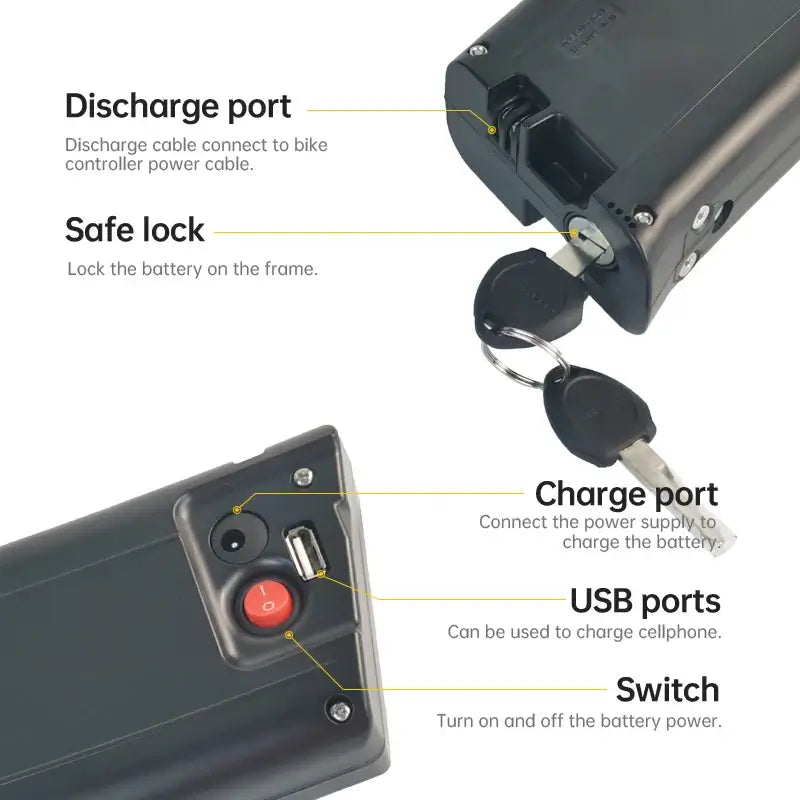 36V Curved Shape E-bike Battery for Scimitar & Carrera Crosscity 8.7Ah / 9.6Ah / 10.5Ah features, ports, and safety lock.