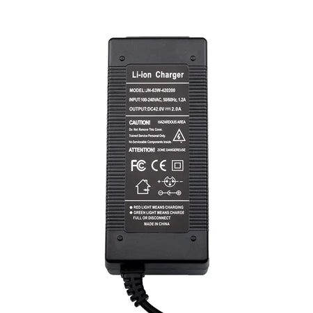 42V 2A Smart Lithium Battery Charger for 36V 10S Li-ion Battery (DC 5.5x2.1mm) with specifications on the label.