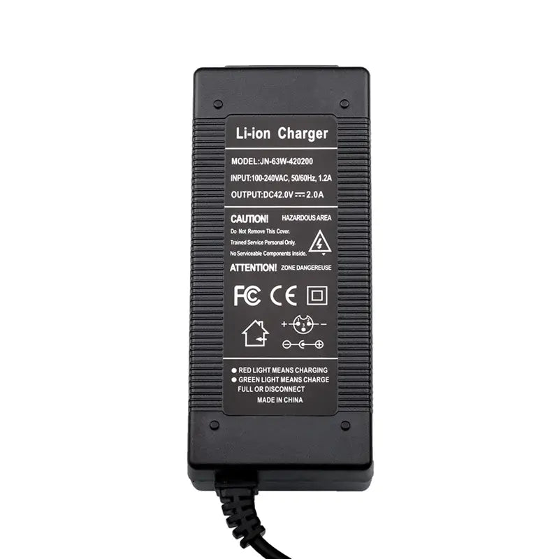 42V 2A Smart Lithium Battery Charger for 36V 10S Li-ion Battery (DC 5.5x2.1mm) with specifications on the label.