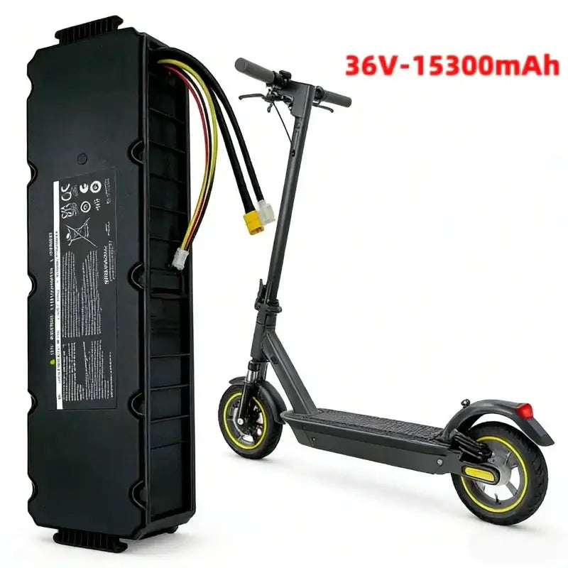 High Capacity 36V 15300mAh 10S6P Li-ion Replacement Battery Pack for Xiaomi Ninebot G30 MAX Electric Scooter alongside scooter