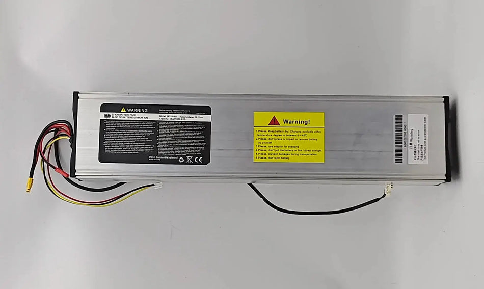 36V 12800mAh High-Capacity Battery for Xiaomi M365 Pro Electric Scooter with warning label and connectors.