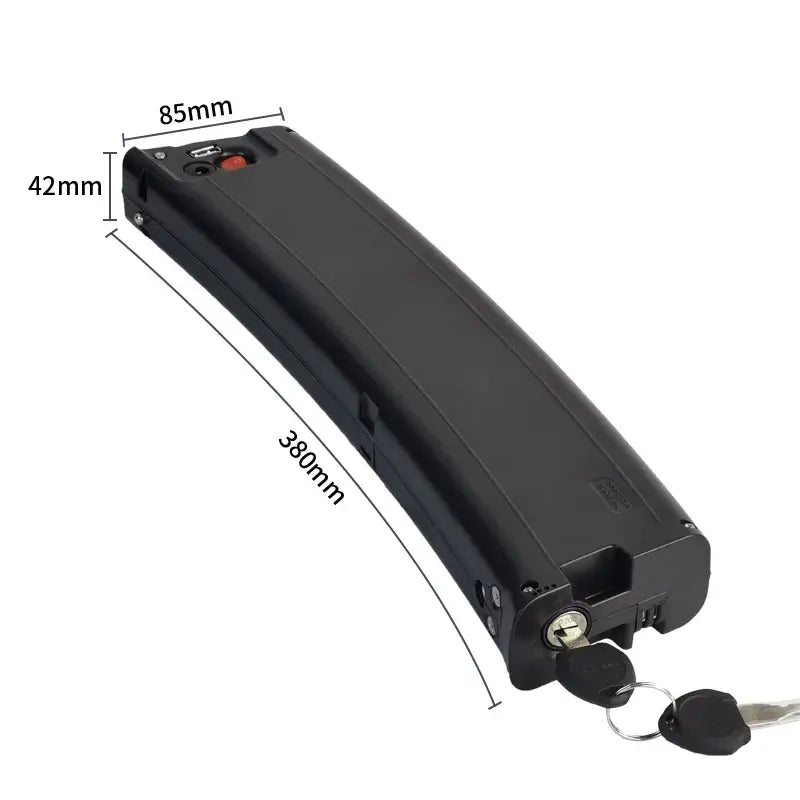 36V Curved Shape E-bike Battery for Scimitar & Carrera Crosscity 8.7Ah / 9.6Ah / 10.5Ah with dimensions shown