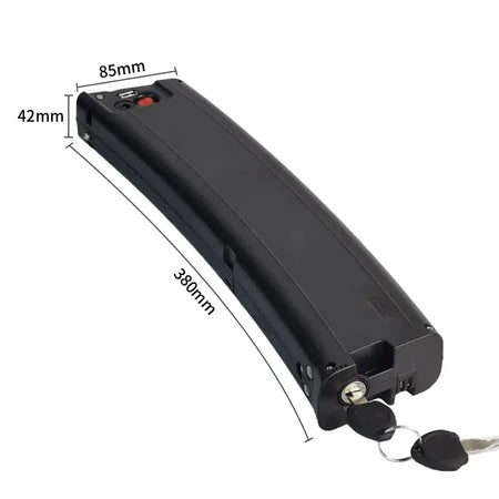 36V Curved Shape E-bike Battery for Scimitar & Carrera Crosscity 8.7Ah / 9.6Ah / 10.5Ah with dimensions shown