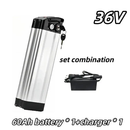 Universal 36V Silver Fish Lithium-ion Battery (15Ah-60Ah) for Folding Bikes with Built-in BMS with 60Ah battery and charger.