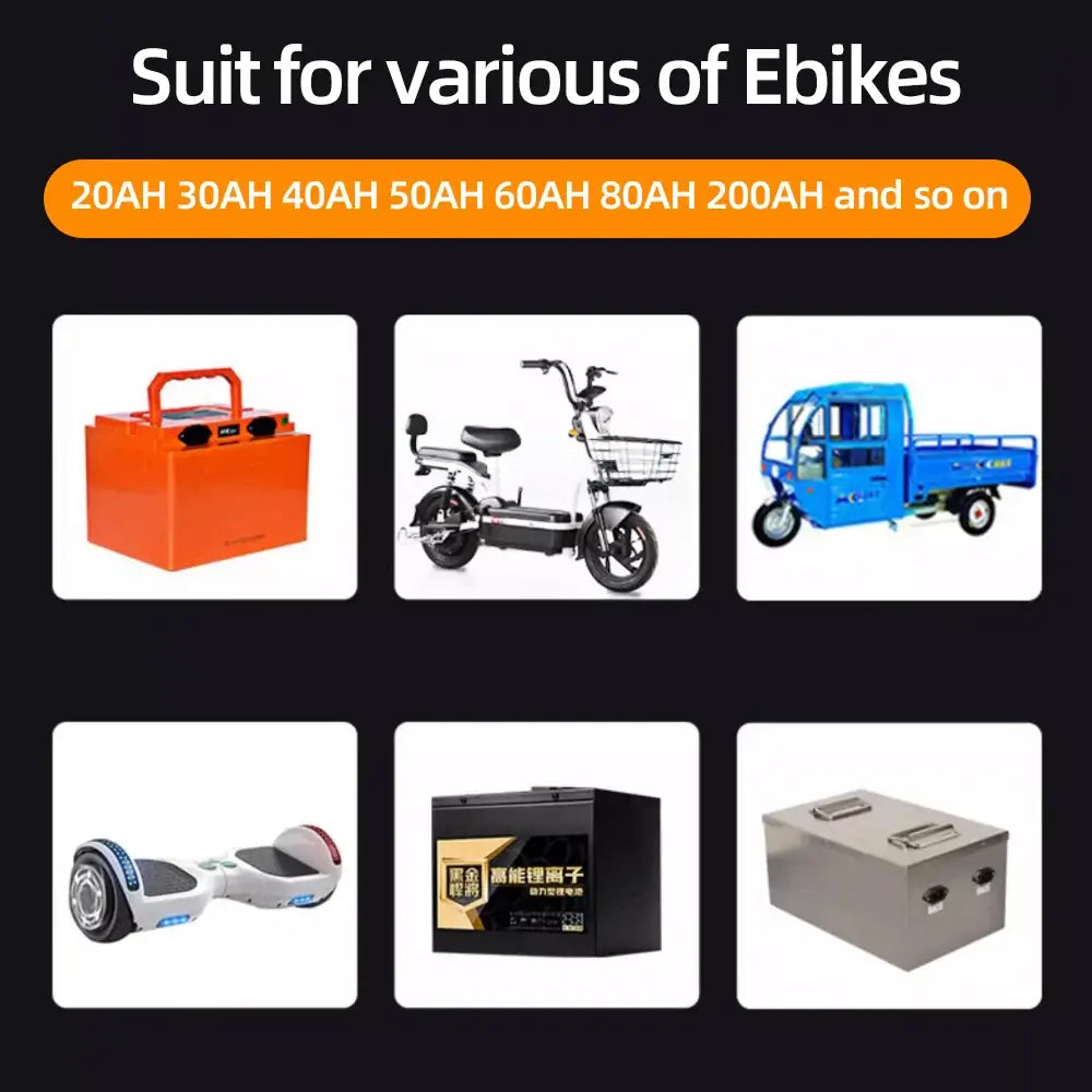 Suit for various of Ebikes showing 20A Adjustable Fast Smart Charger 36V-84V for Li-ion & LiFePO4 (10S to 24S)