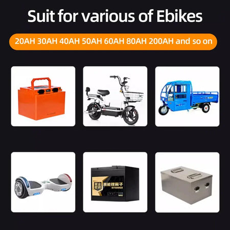 Suit for various of Ebikes showing 20A Adjustable Fast Smart Charger 36V-84V for Li-ion & LiFePO4 (10S to 24S)