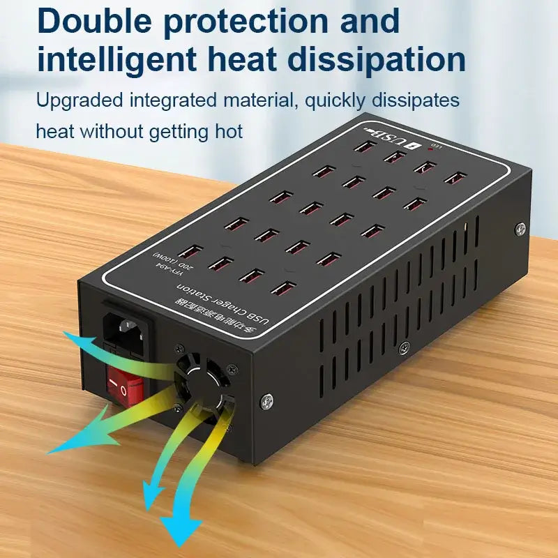 Multi-Port USB Desktop Station - 10/20/30/40/50/60 Port High Wattage Smart Charger with double protection and heat dissipation.