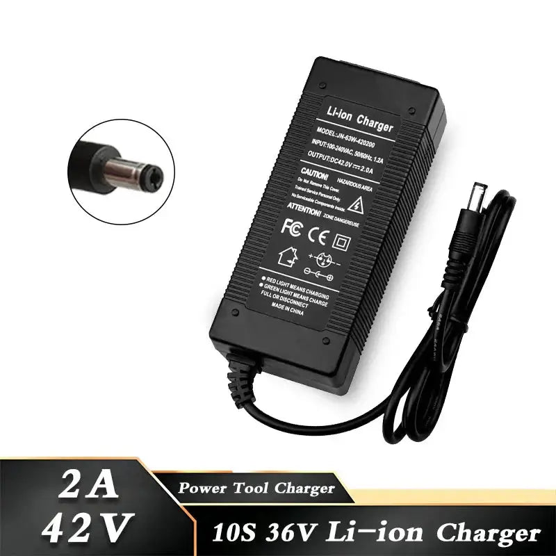 42V 2A Smart Lithium Battery Charger for 36V 10S Li-ion Battery (DC 5.5x2.1mm) with universal connector and power specifications.