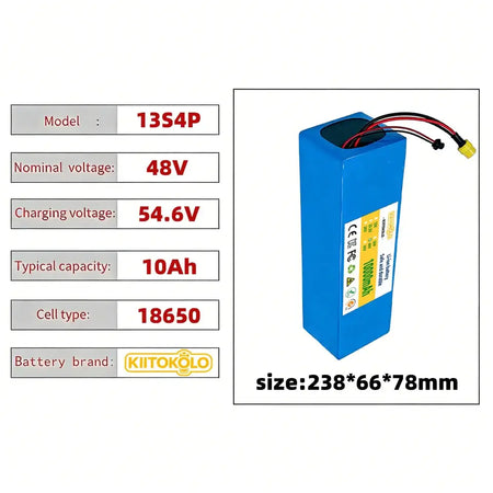 48V 10Ah Lithium-ion Rechargeable Battery 13S4P Pack for Electric Scooter with Smart BMS & 54.6V Charger specifications image.