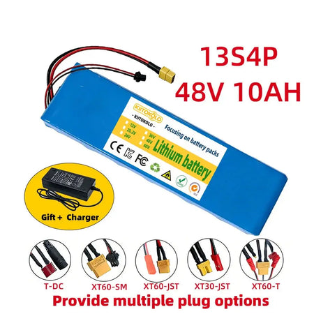 48V 10Ah Lithium-ion Rechargeable Battery 13S4P Pack for Electric Scooter with Smart BMS & 54.6V Charger with various plug options.
