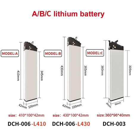DCH-003/006/009 E-Bike Battery 36V 48V 52V (10Ah-17Ah) 350W-1000W sizes and models comparison image.