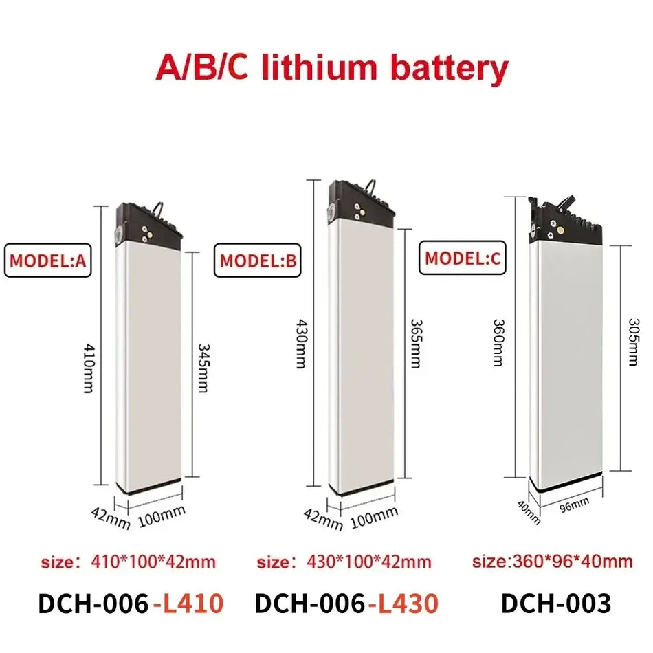 DCH-003/006/009 E-Bike Battery 36V 48V 52V (10Ah-17Ah) 350W-1000W sizes and models comparison image.