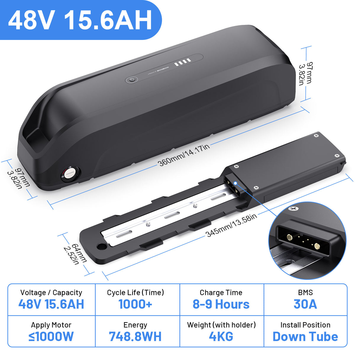48V 15.6Ah Hailong Lithium Battery Front View