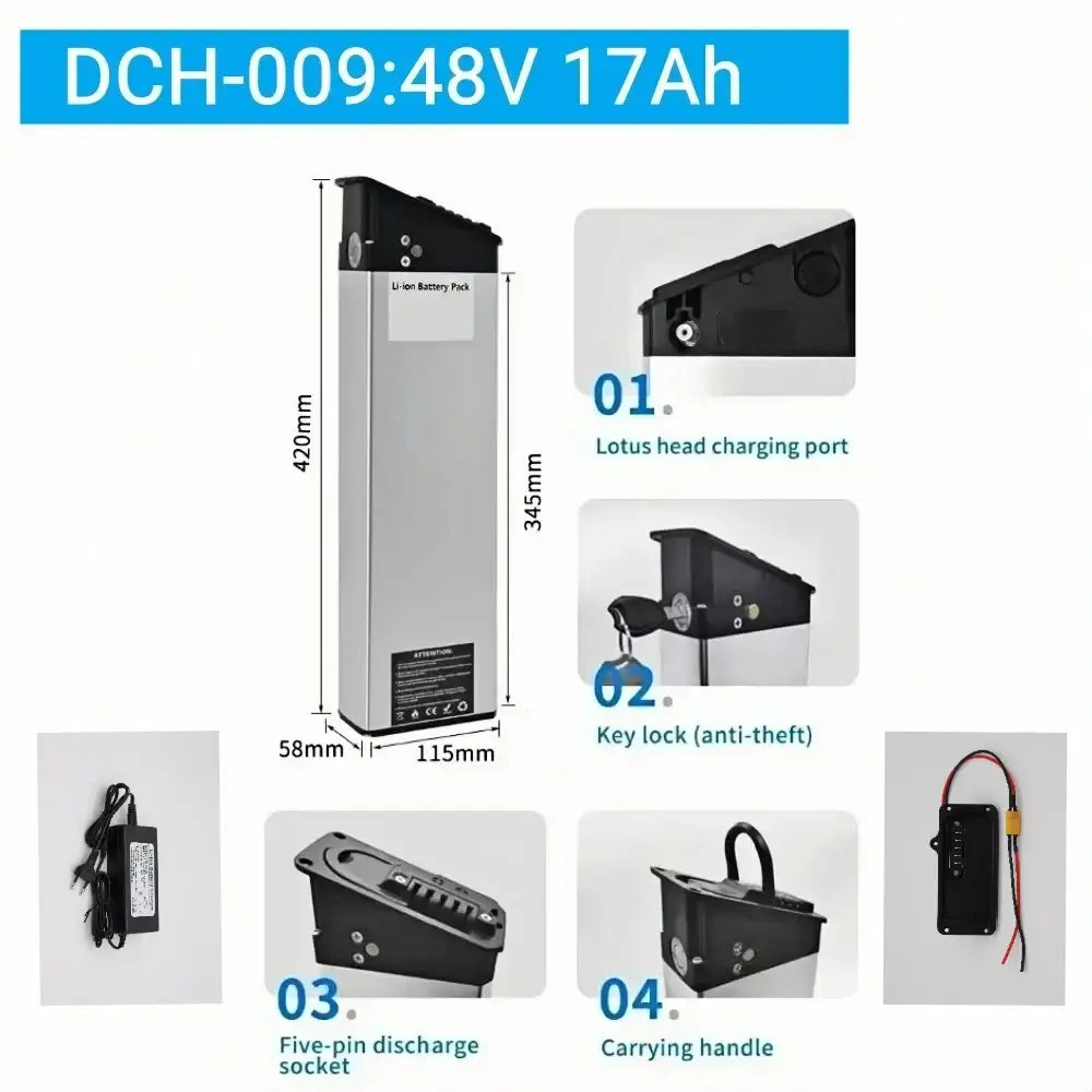 DCH-009 48V 17Ah Replacement Battery features including charging port, key lock, and dimensions for electric bikes.