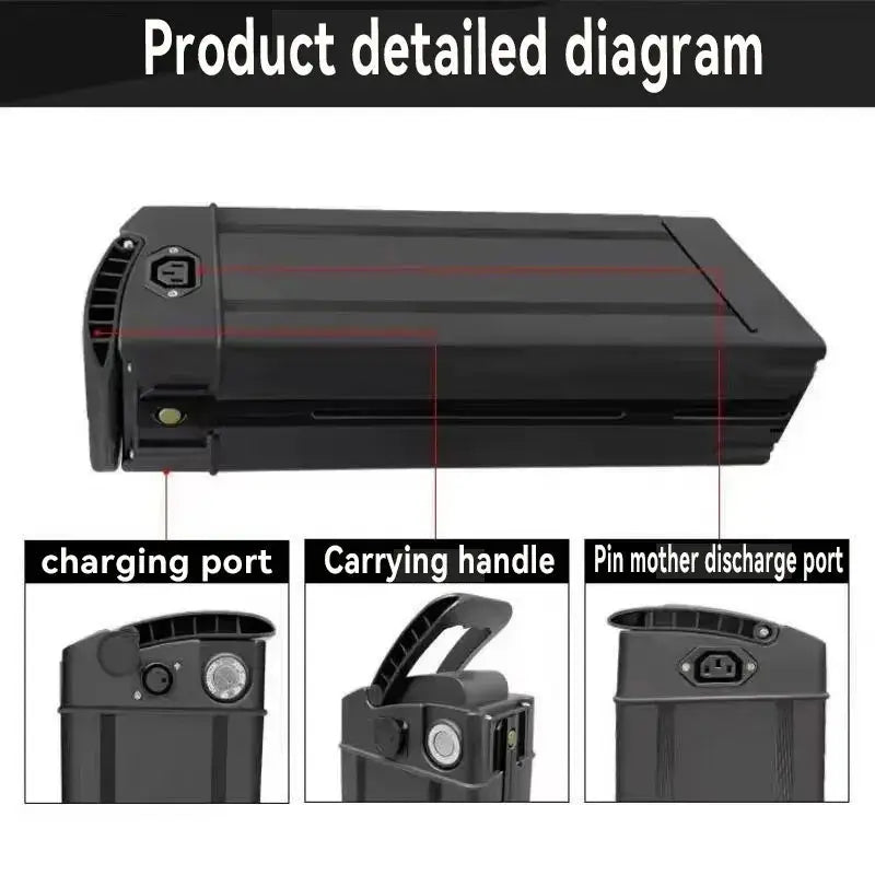 Product detailed diagram of 48V Folding E-Bike Battery - 12Ah 20Ah 30Ah 40Ah Lithium-ion 18650 Pack for 250W-800W Motors.
