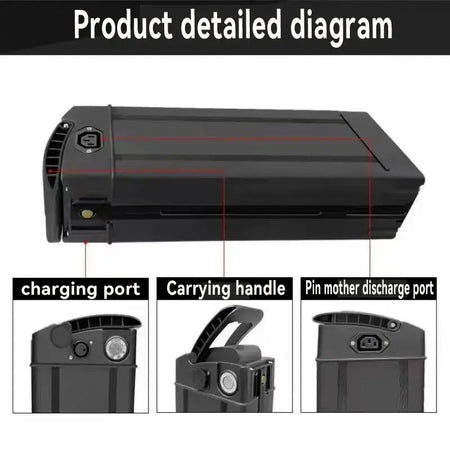 Product detailed diagram of 48V Folding E-Bike Battery - 12Ah 20Ah 30Ah 40Ah Lithium-ion 18650 Pack for 250W-800W Motors.