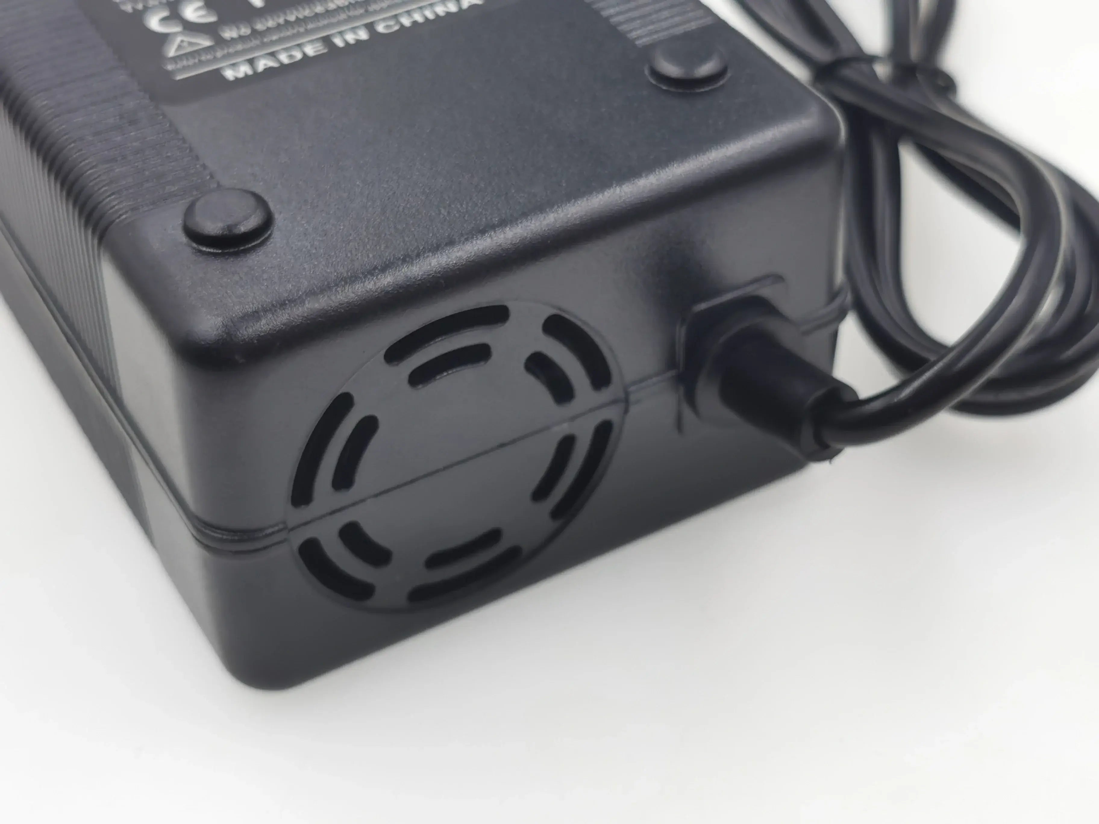 54.6V 3A Lithium Battery Charger for 48V 13S Battery Pack (XLR Plug) side view showing fan and power cord