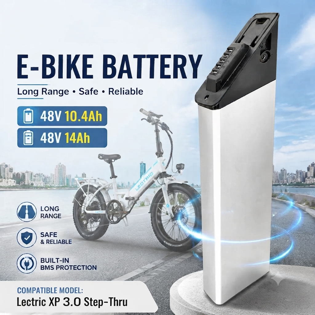 48V replacement battery installed securely on a Lectric XP 3.0 Step-Thru e-bike