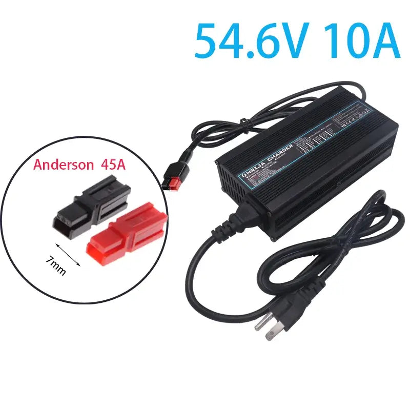 54.6V 10A Smart Lithium Battery Charger for 48V 13S Li-ion (10Ah-40Ah) Aluminum Case & Cooling Fan.