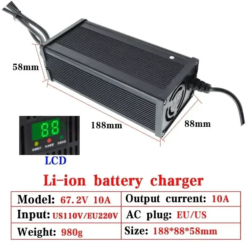 Smart Aluminum Li-ion Battery Charger - 48V 60V 72V (54.6V/67.2V/84V) 5A-20A High Current with LCD display.