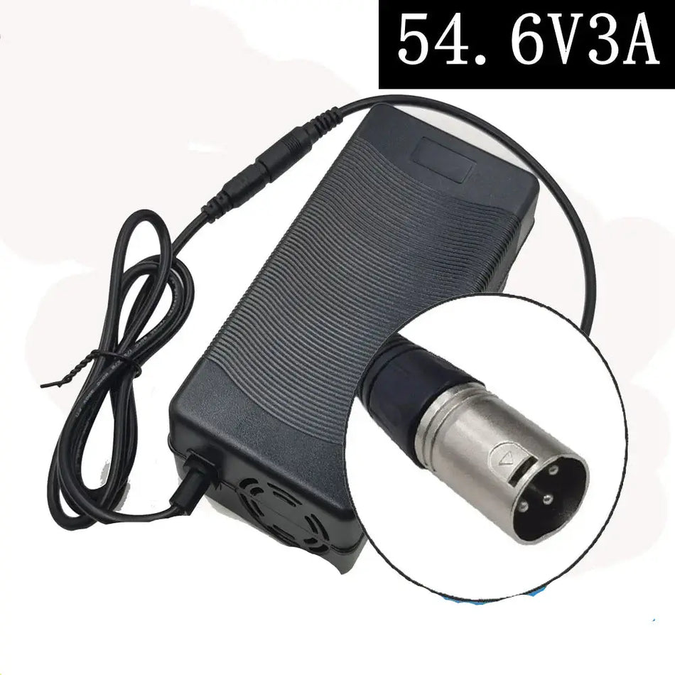 54.6V 3A Lithium Battery Charger for 48V 13S Battery Pack (XLR Plug) with power cord and XLR connector.