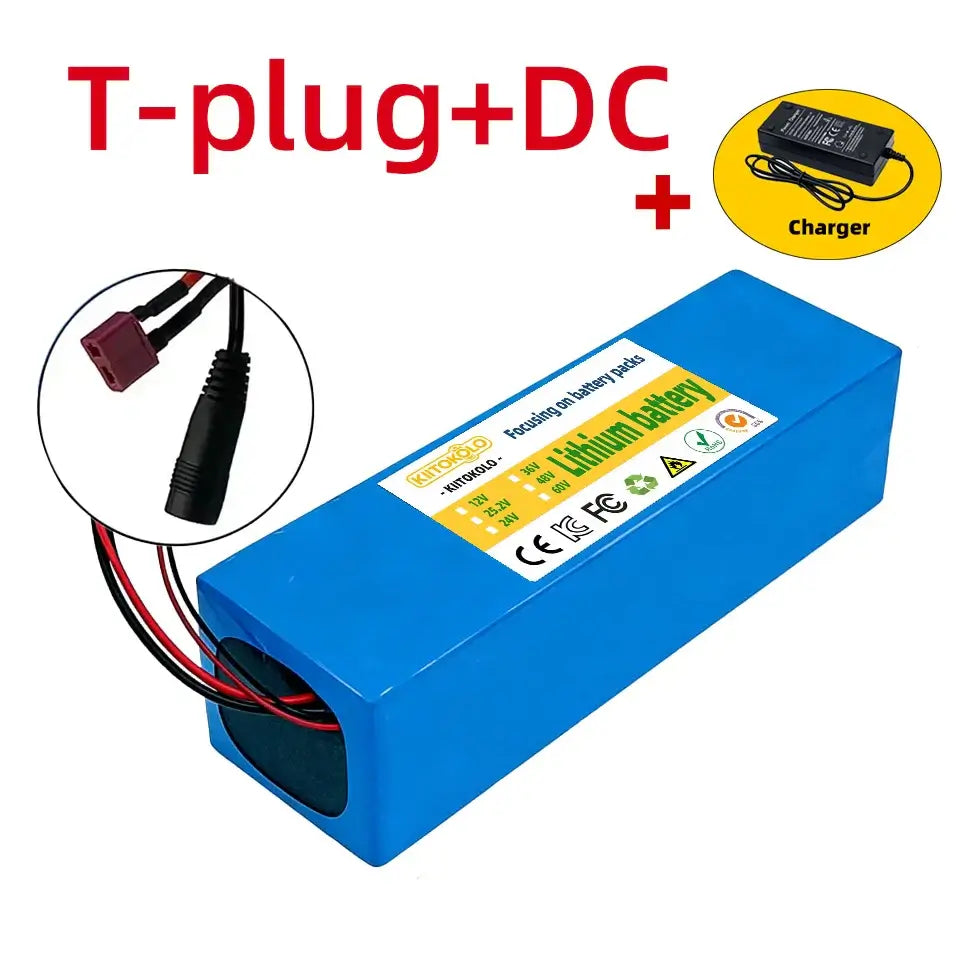 48V 10Ah Lithium-ion Rechargeable Battery 13S4P Pack for Electric Scooter with Smart BMS & 54.6V Charger with T-plug and DC