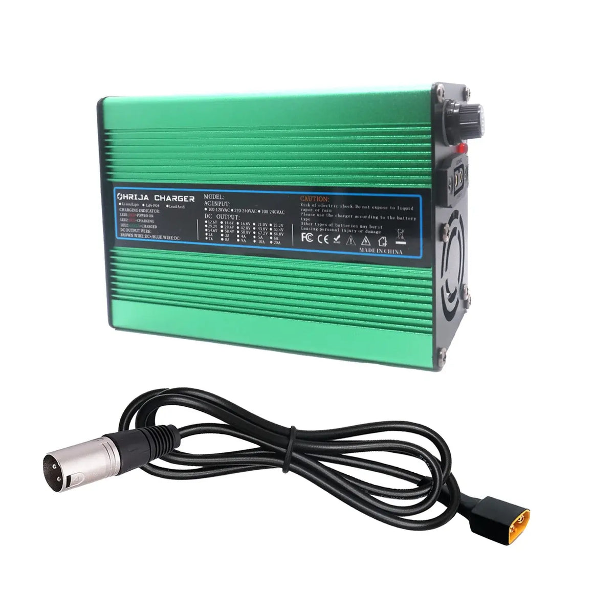 OHRIJA 18.25V 10A Quick Charger for 5S 16V LiFePO4 Battery - Aluminum Shell with power cable.