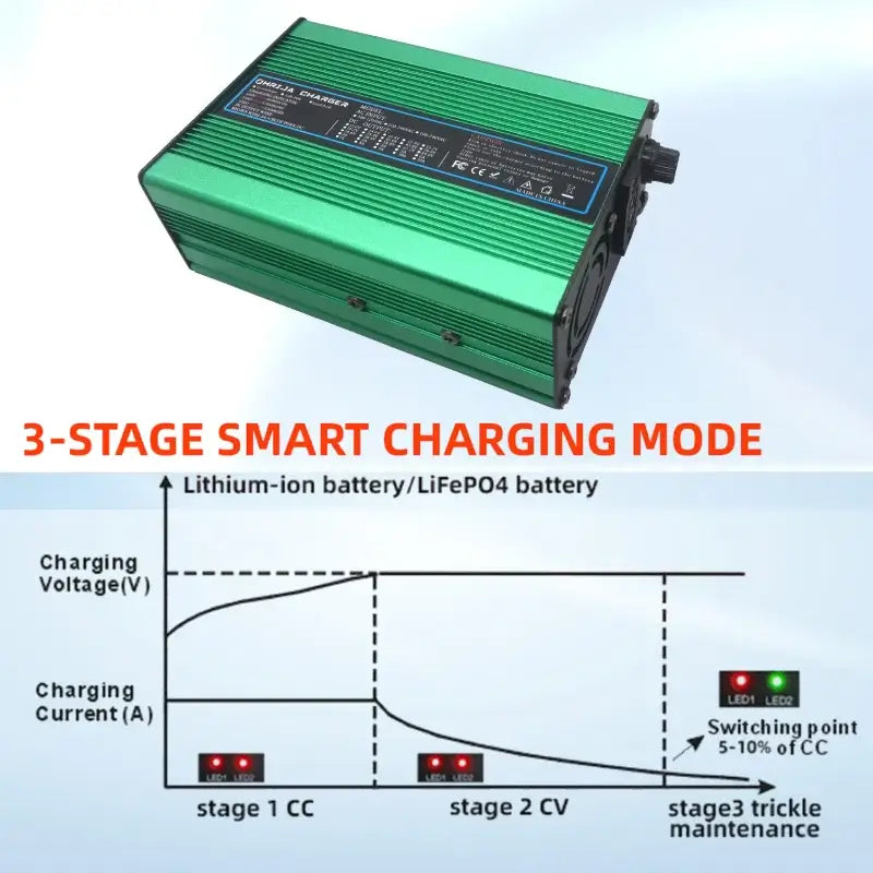 OHRIJA 18.25V 10A Quick Charger for 5S 16V LiFePO4 Battery - Aluminum Shell with 3-stage smart charging mode.