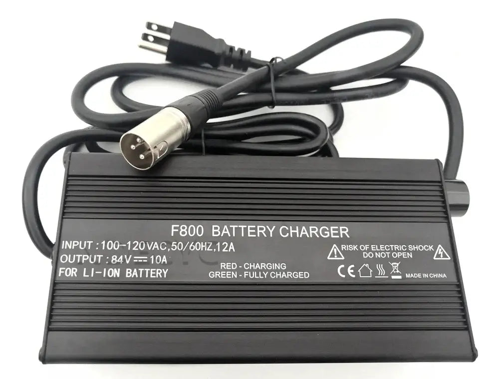 84V 5A/10A Smart Lithium Charger for 72V Li-ion Battery XLR Plug Connector on a black charger.