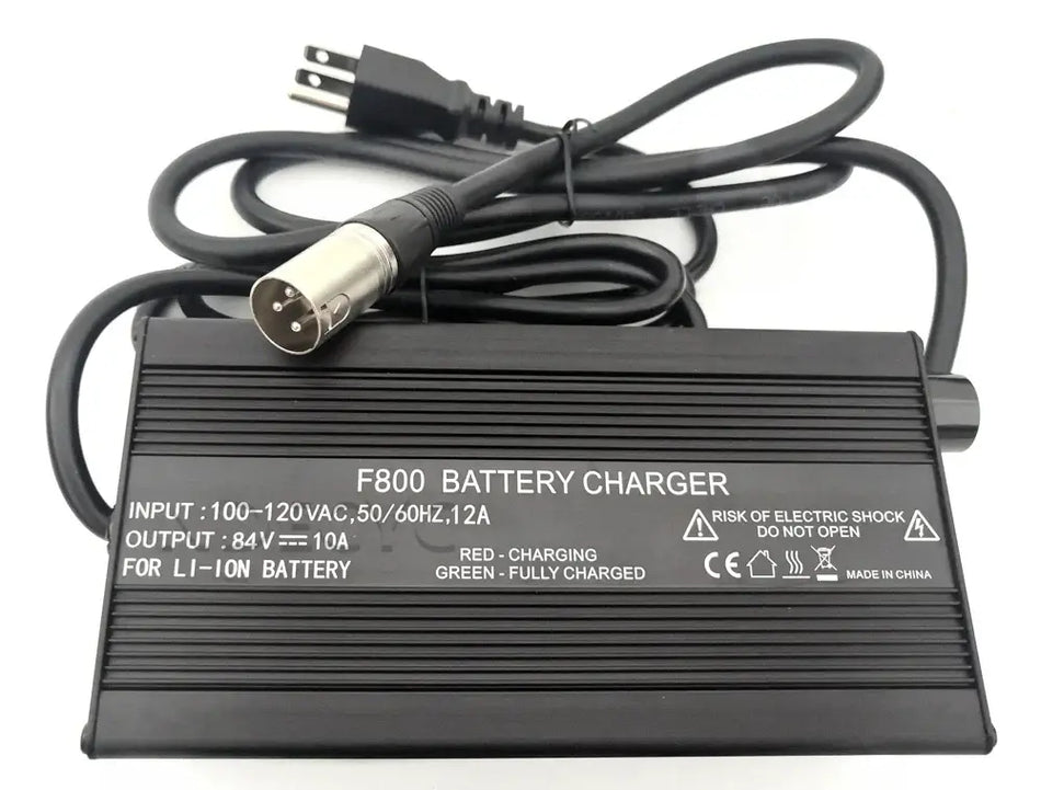 84V 5A/10A Smart Lithium Charger for 72V Li-ion Battery XLR Plug Connector on a black charger.