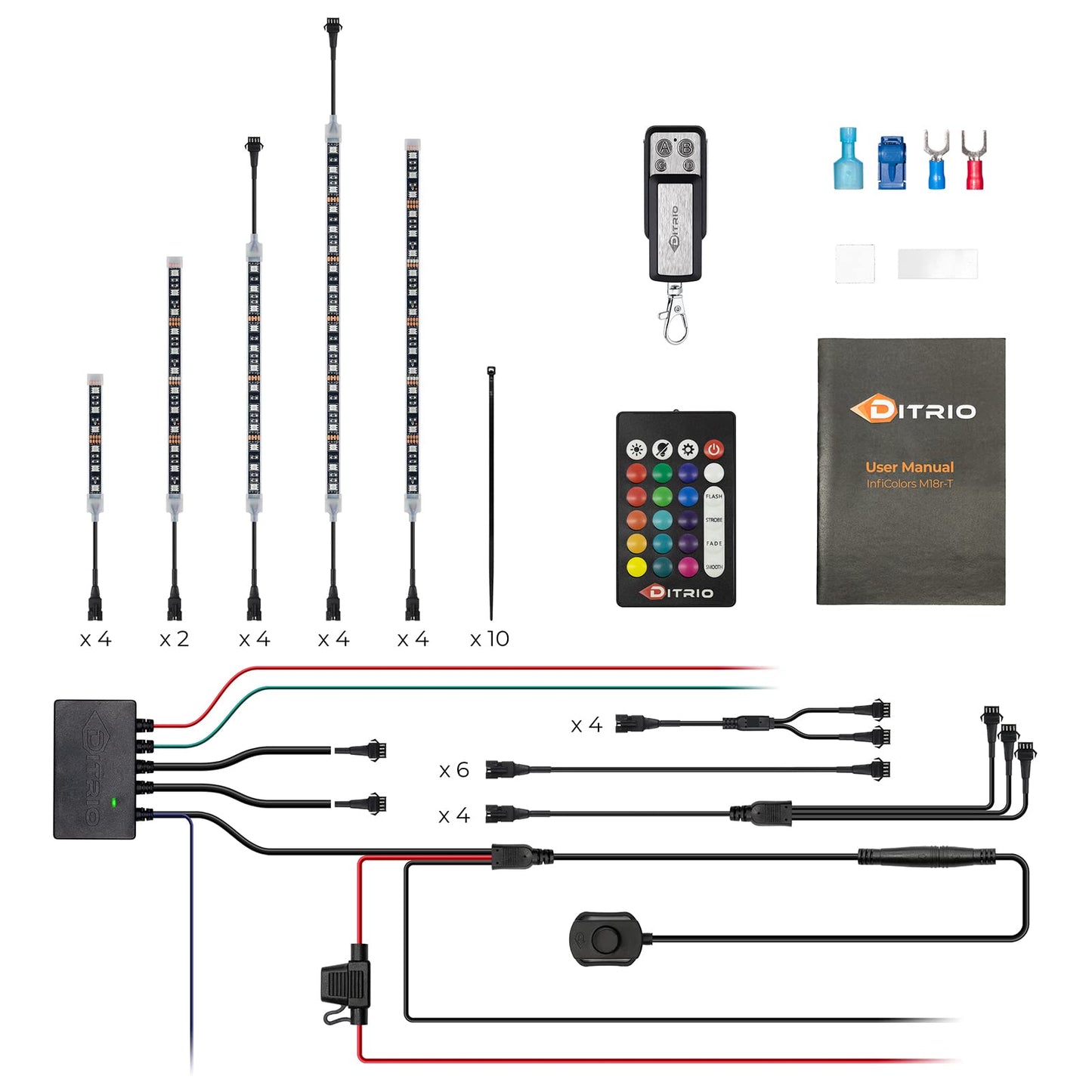 DITRIO 12pcs Underglow RGB LED Strip Light Kit for Motorcycles, Golf Carts, and ATVs