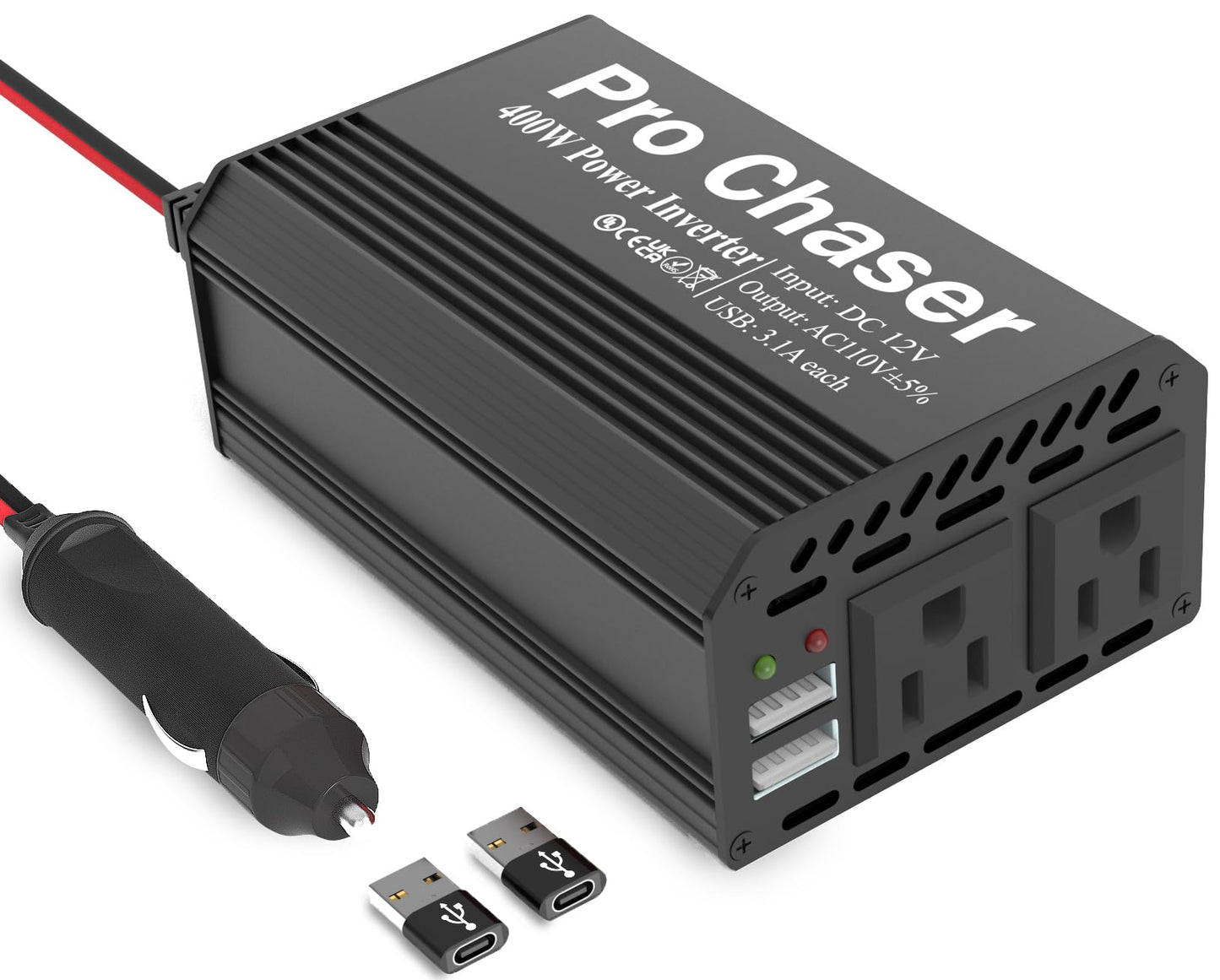 Pro Chaser 400W Car Power Inverter – 12V DC to 110V AC with Dual USB Charging Ports