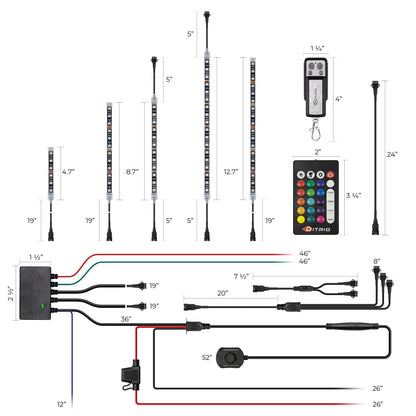 DITRIO 12pcs Underglow RGB LED Strip Light Kit for Motorcycles, Golf Carts, and ATVs