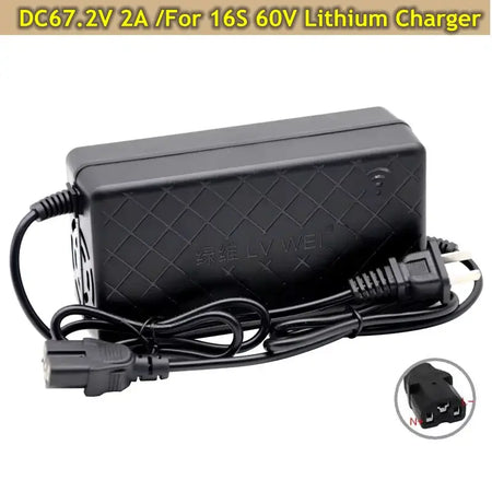 Smart 60V 16S Lithium Charger 67.2V 2A for 10Ah 12Ah 14Ah 20Ah Battery with power cables